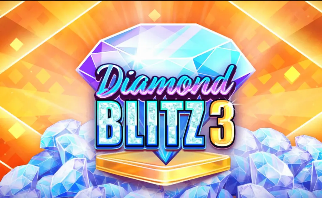 Tampilan layar permainan slot Diamond Blitz 3 dari Red Tiger Gaming, menampilkan gulungan biru gelap dengan simbol permata dan buah klasik, serta Wild lengket yang bergerak.